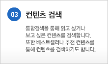 03.컨텐츠 검색 - 통합검색을 통해 읽고 싶거나 보고 싶은 컨텐츠를 검색합니다. 또한 베스트셀러나 추천 컨텐츠를 통해 컨텐츠를 검색하기도 합니다.